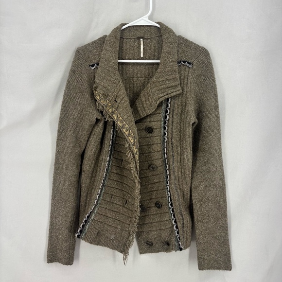 Free People Small Brown Knit Military Jacket Sweater Button Front Cardigan - Picture 1 of 9